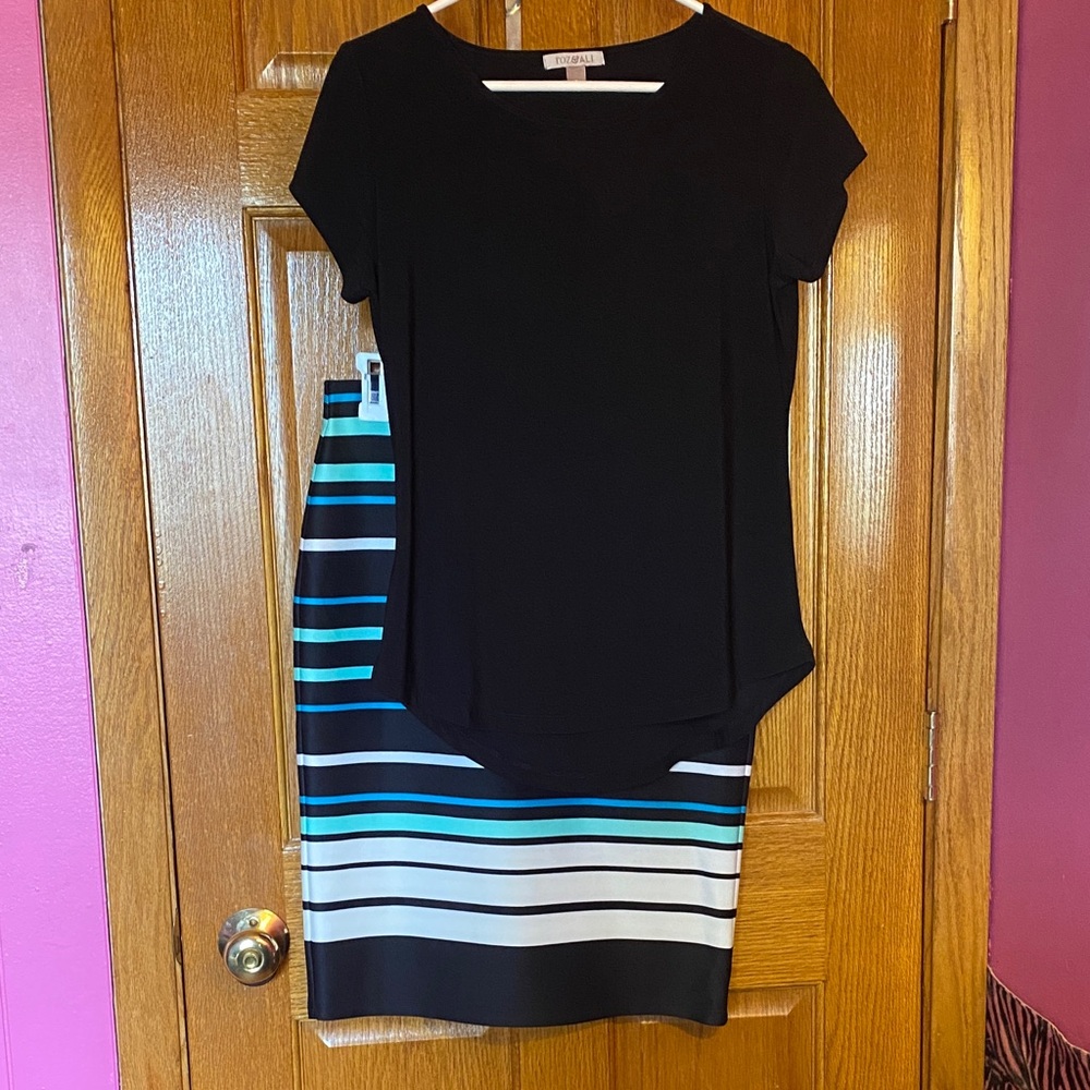 Black Top and Striped Skirt 2 Piece Set